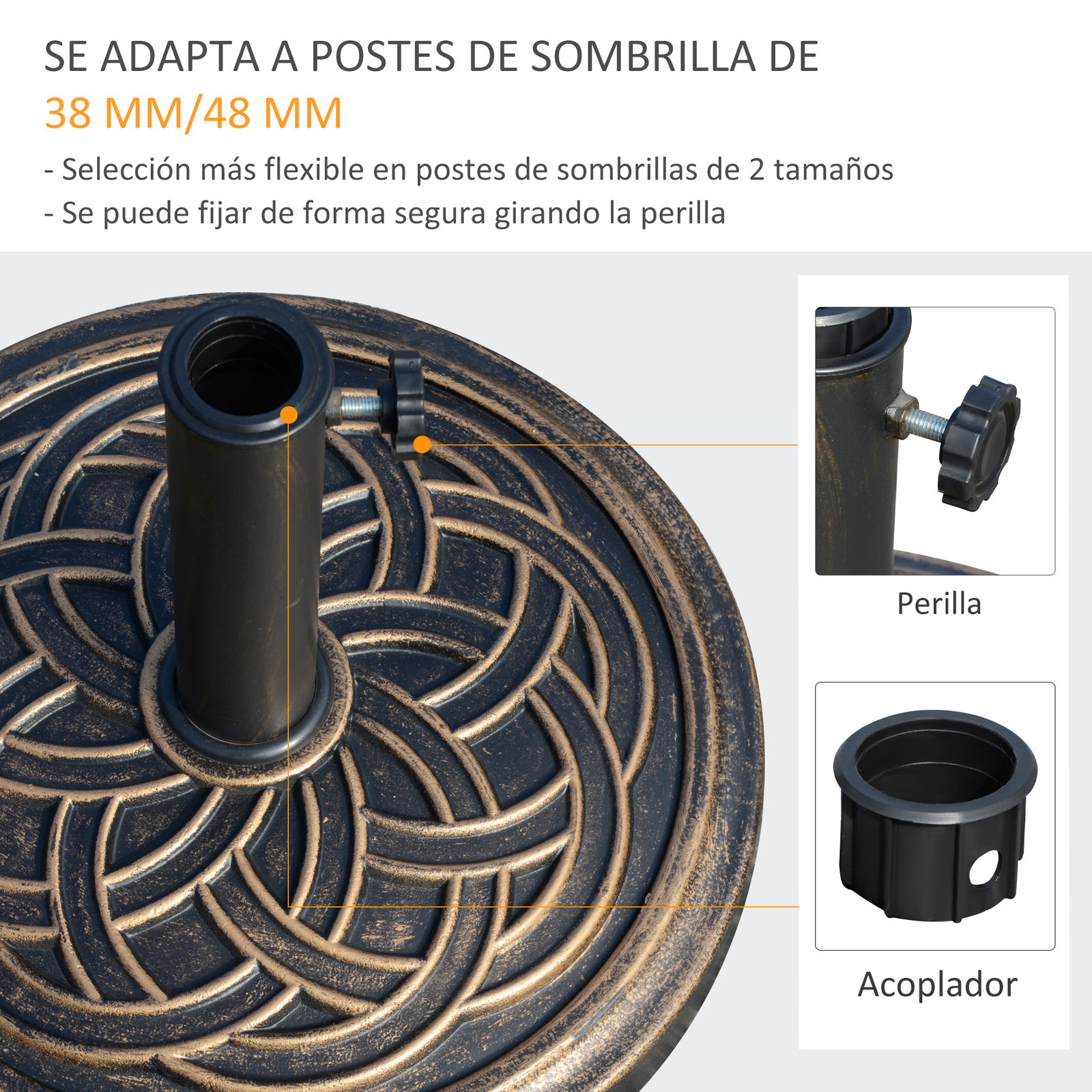 Base chapéu de sol de jardim suporte para chapéu de sol redondo para mastros de 38mm/48mm resina e aço para terraço pátio exterior ø45x33cm bronze
