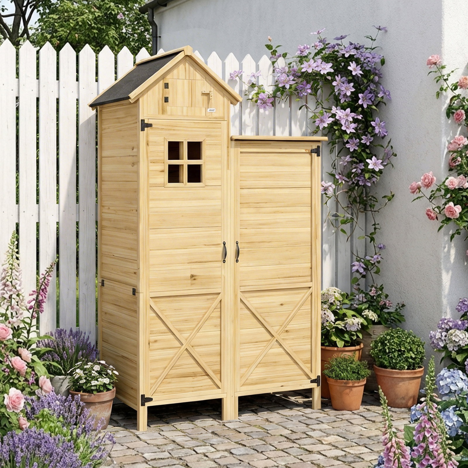 Armário de jardim de madeira com prateleiras removíveis e portas 106x57x167 cm madeira natural