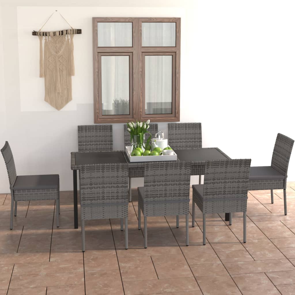 9 Pcs conjunto de jantar para jardim vime PE cinzento