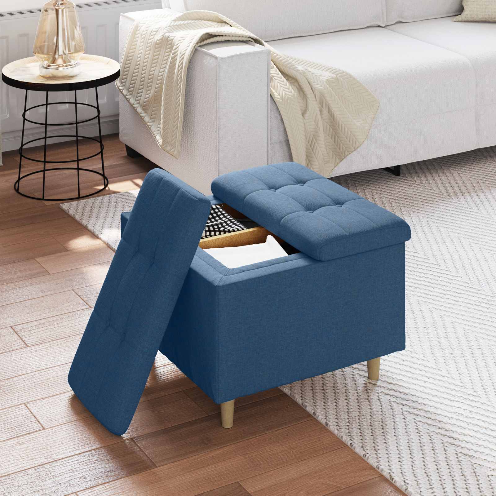 Puff de armazenamento com almofada azul 60 x 60 x 45 cm tecido