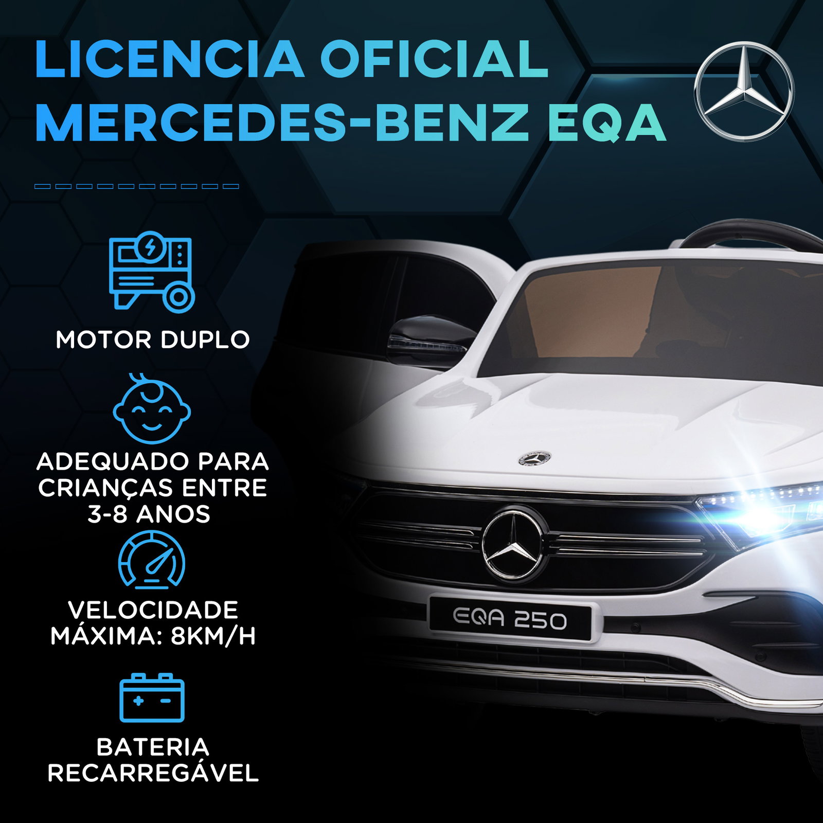 Carro elétrico para crianças mercedes-benz eqa 12v com música buzina velocidade 3-8 km/h 111,5x69x52,5 cm branco