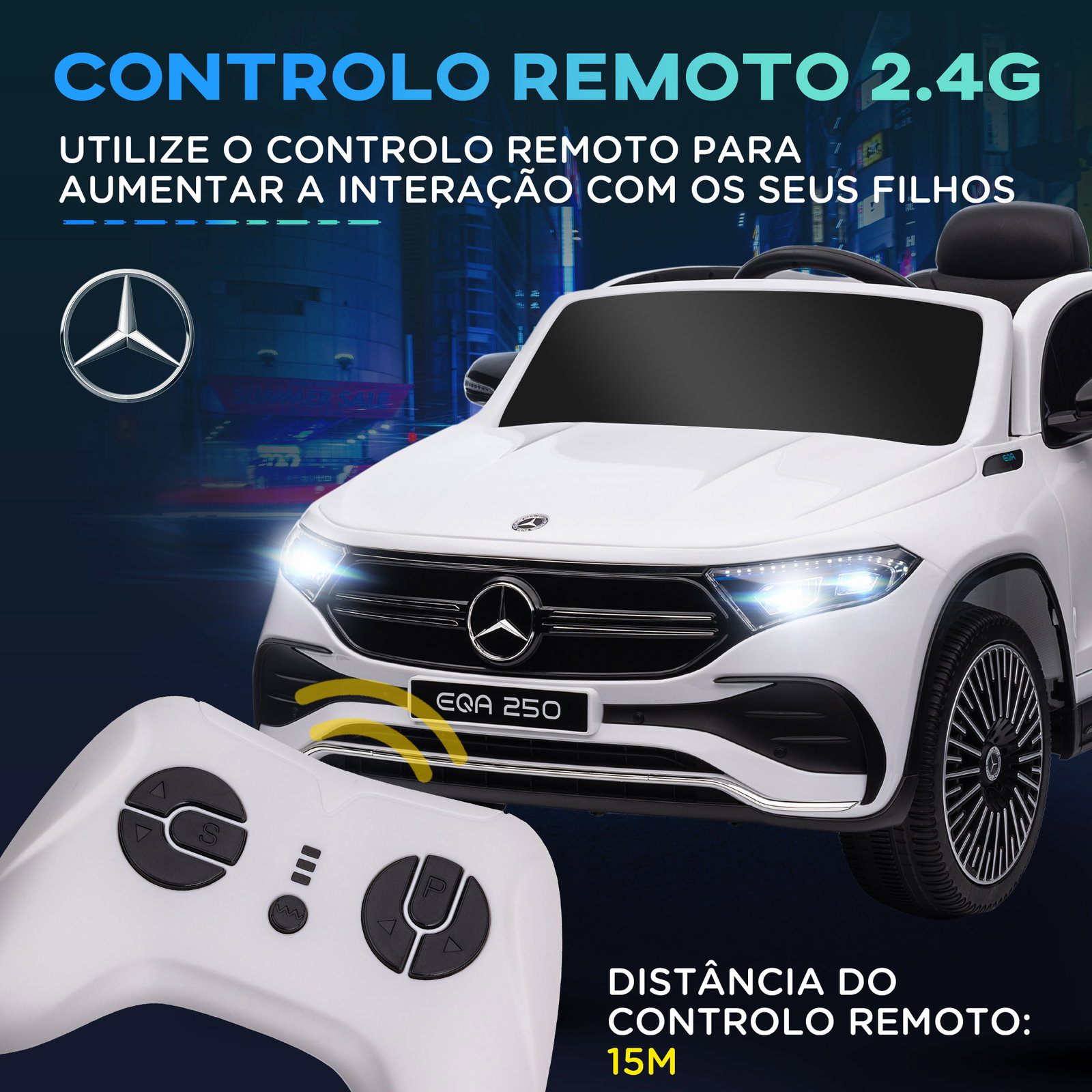 Carro elétrico para crianças mercedes-benz eqa 12v com música buzina velocidade 3-8 km/h 111,5x69x52,5 cm branco