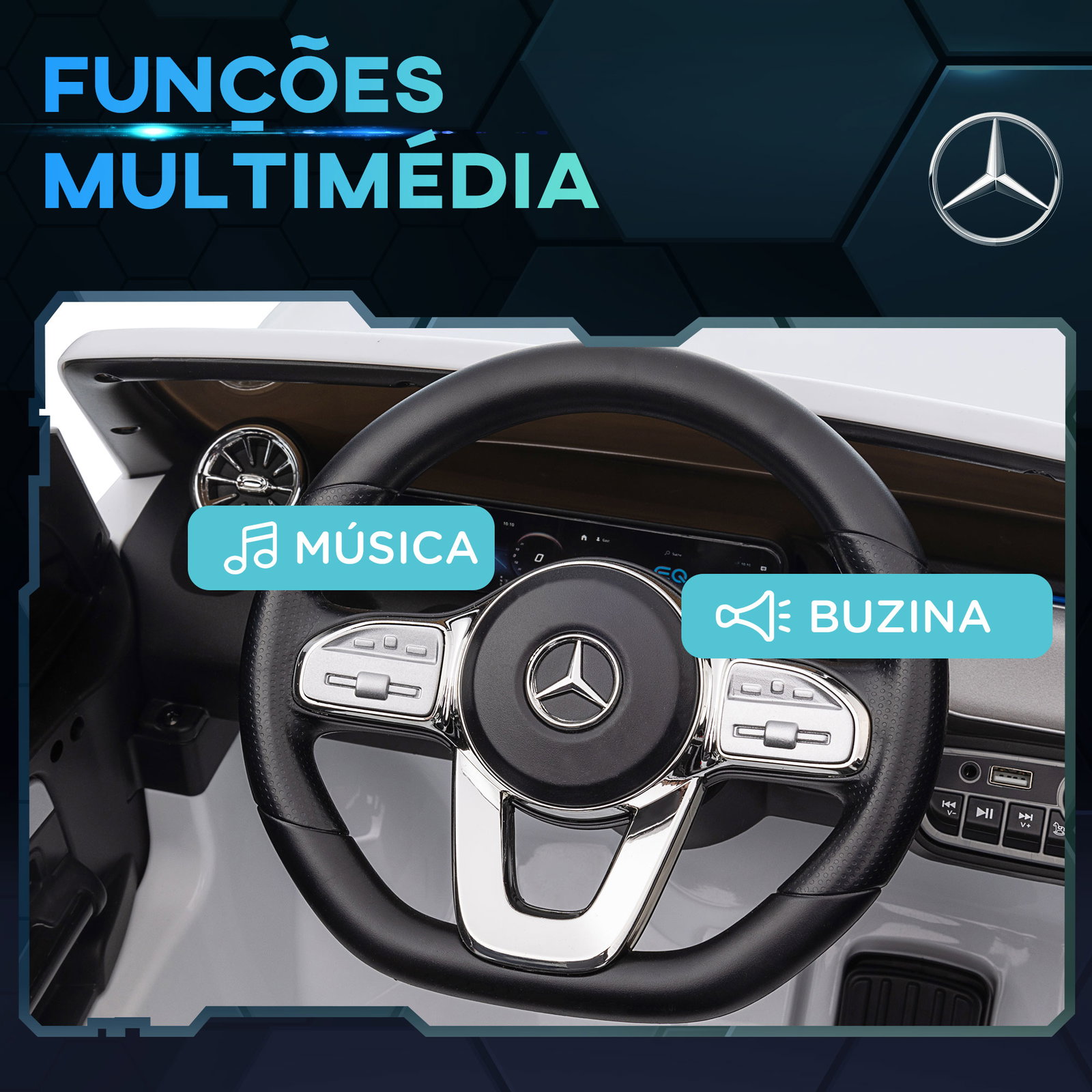 Carro elétrico para crianças mercedes-benz eqa 12v com música buzina velocidade 3-8 km/h 111,5x69x52,5 cm branco
