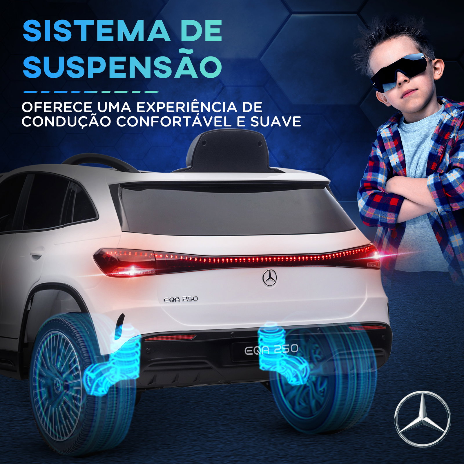 Carro elétrico para crianças mercedes-benz eqa 12v com música buzina velocidade 3-8 km/h 111,5x69x52,5 cm branco