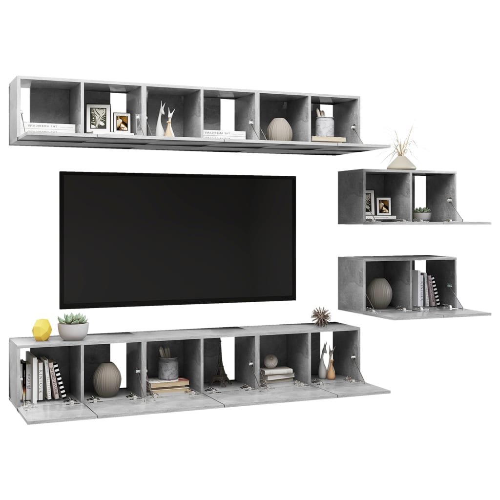 8 Pcs conjunto de móveis de TV derivados madeira cinza cimento