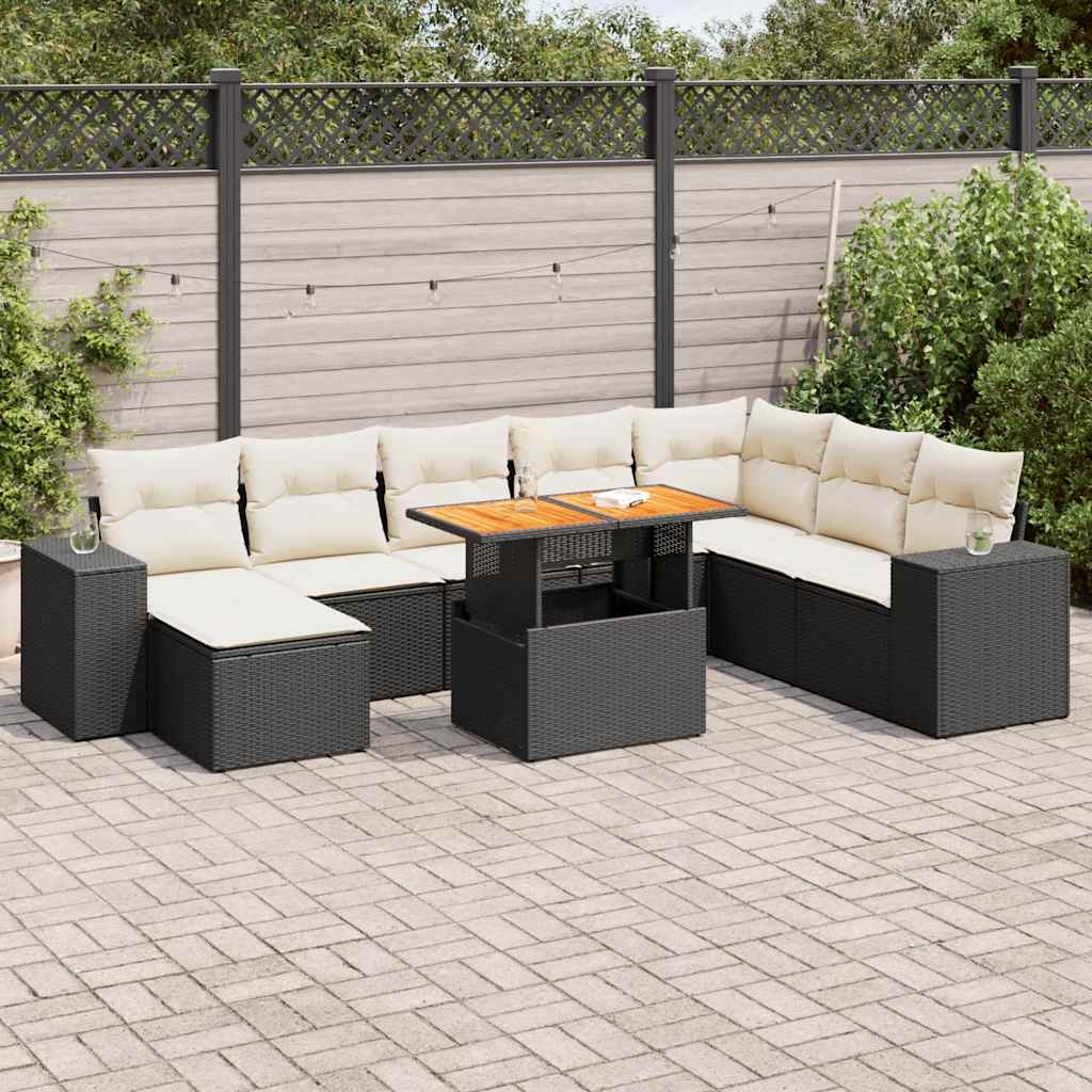 9 Pcs conjunto sofás p/ jardim almofadões vime PE/acácia preto