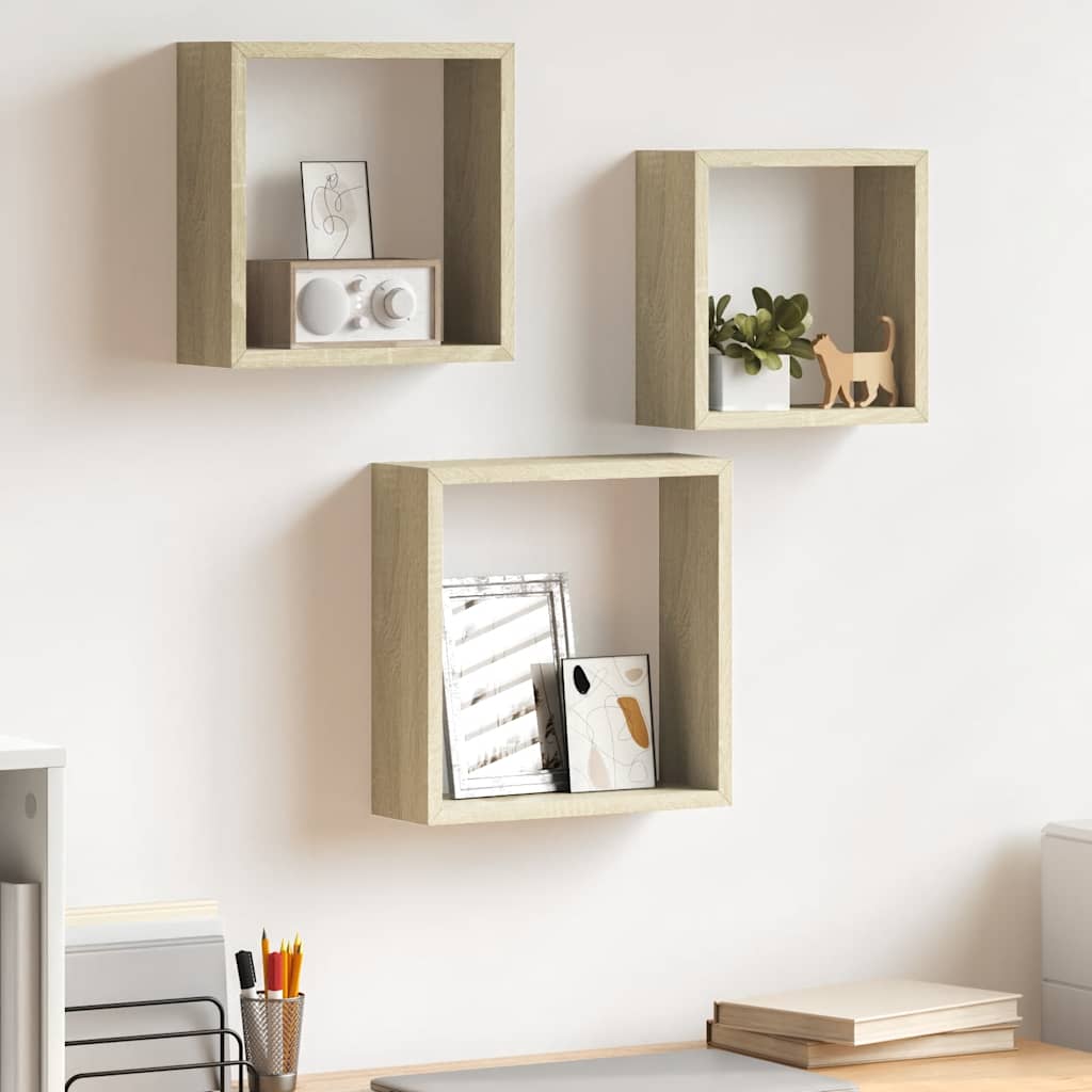 Prateleiras de parede forma de cubo 3pcs cm cor carvalho sonoma