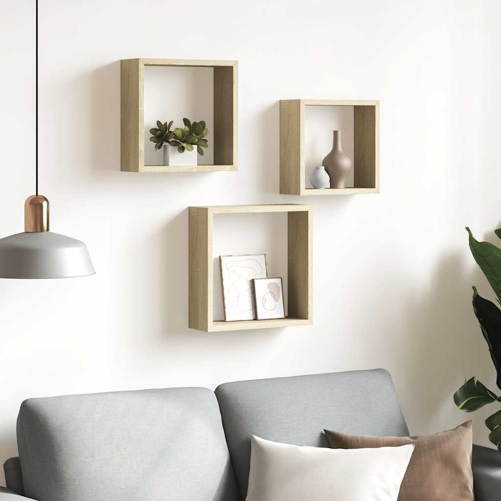 Prateleiras de parede forma de cubo 3pcs cm cor carvalho sonoma