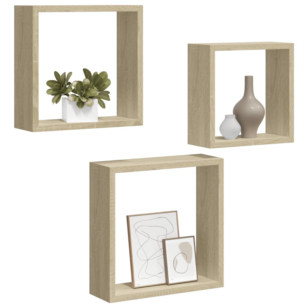 Prateleiras de parede forma de cubo 3pcs cm cor carvalho sonoma