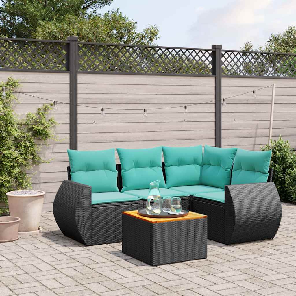 Conjunto de sofá de jardim de 5 peças com almofadas em rattan sintético preto