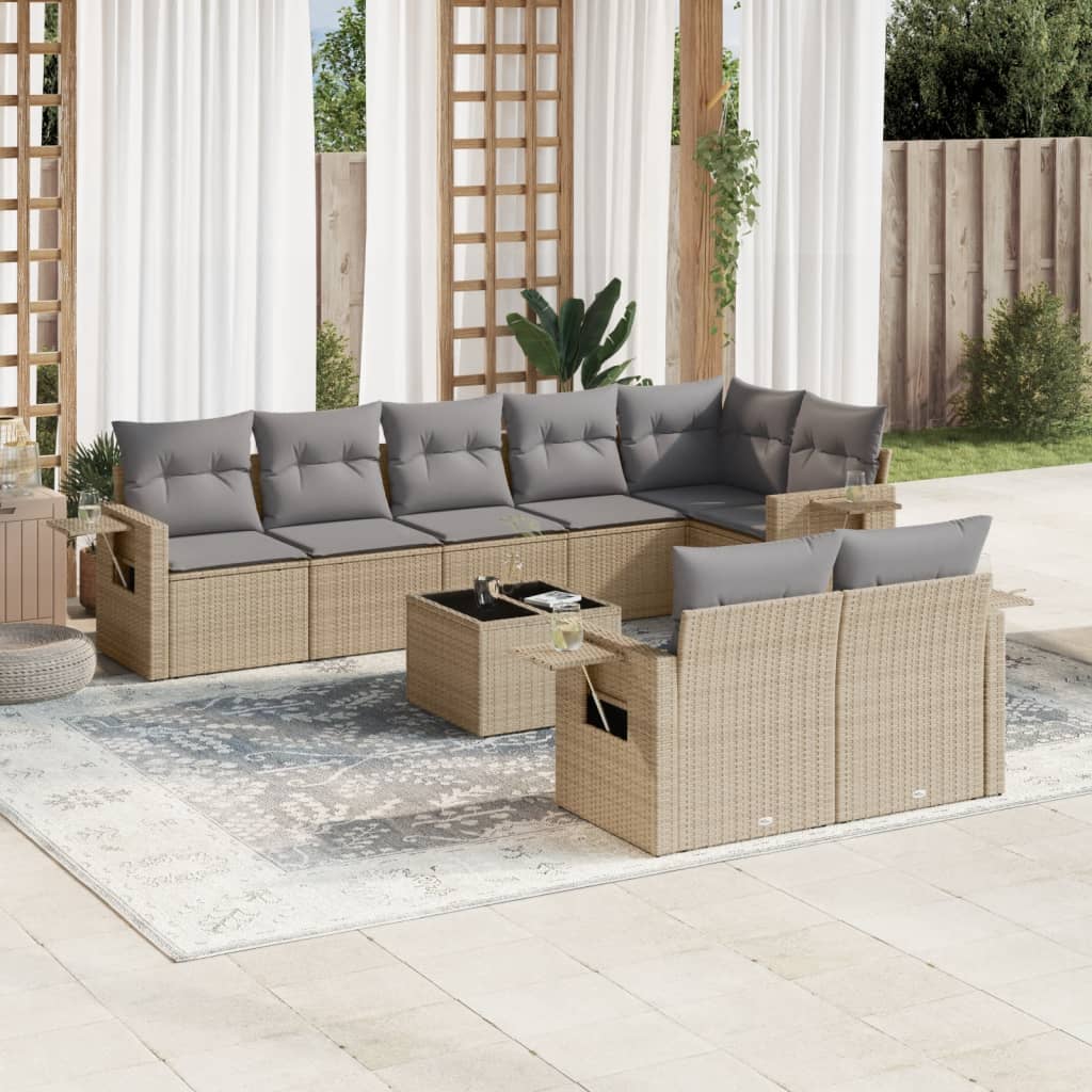 9 Pcs conjunto de sofás p/ jardim com almofadões vime PE bege