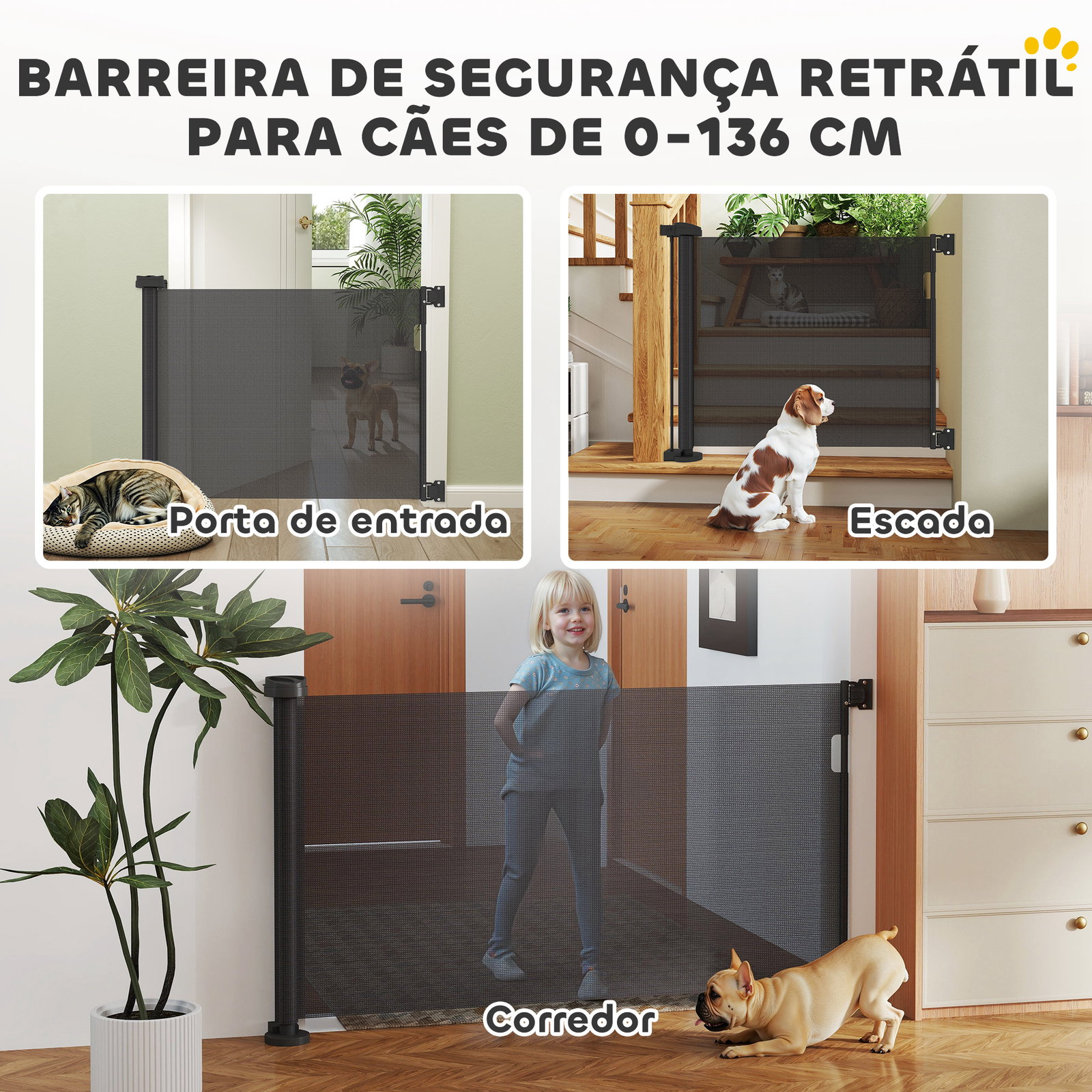 Barreira de segurança para cães retrátil 0-136 cm para cães pequenos com botão de fecho preto