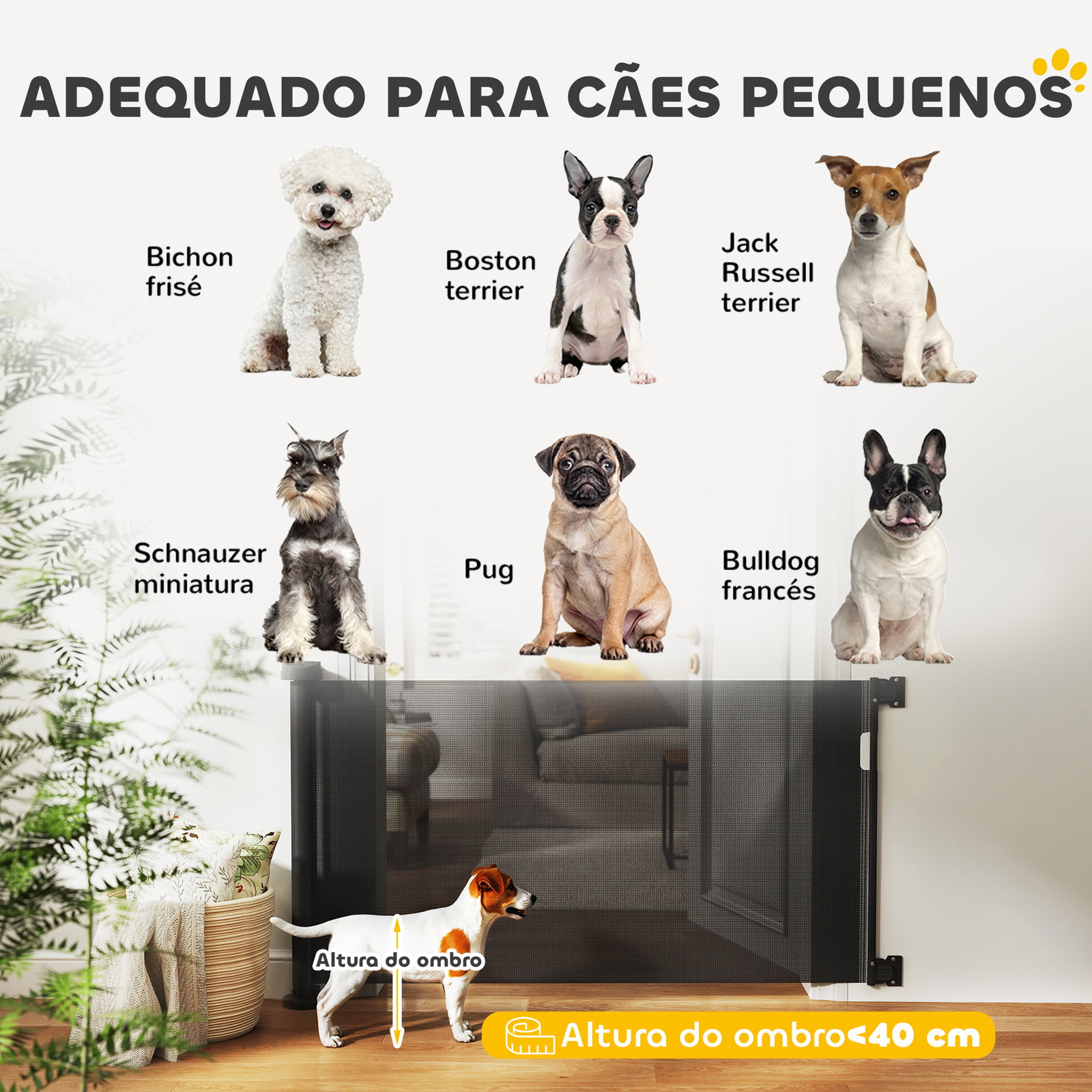 Barreira de segurança para cães retrátil 0-136 cm para cães pequenos com botão de fecho preto