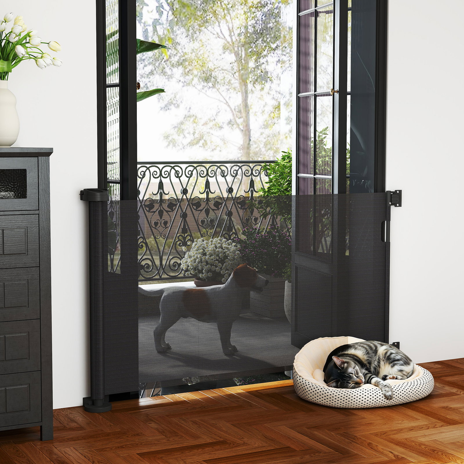 Barreira de segurança para cães retrátil 0-136 cm para cães pequenos com botão de fecho preto