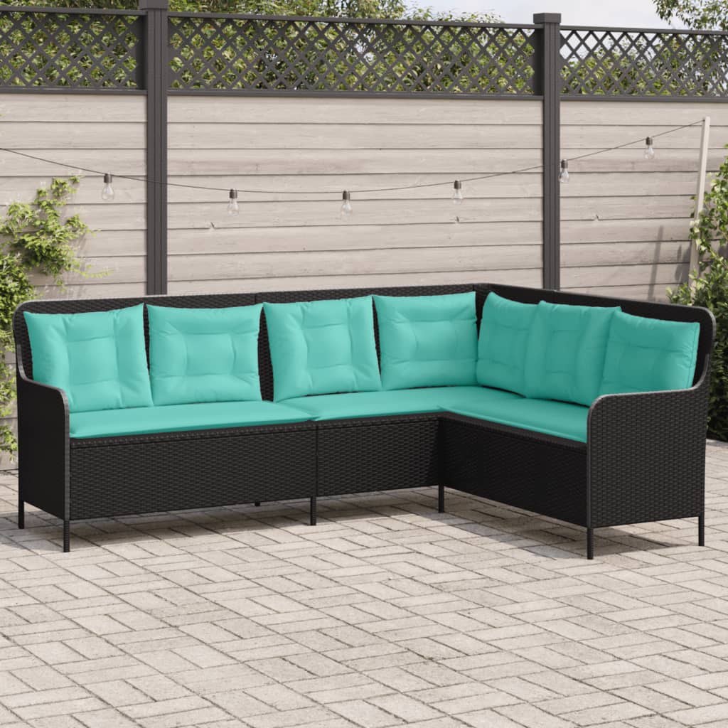Sofá de jardim em formato de l, em rattan sintético preto, com almofadas