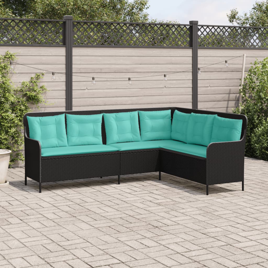 Sofá de jardim em formato de l, em rattan sintético preto, com almofadas