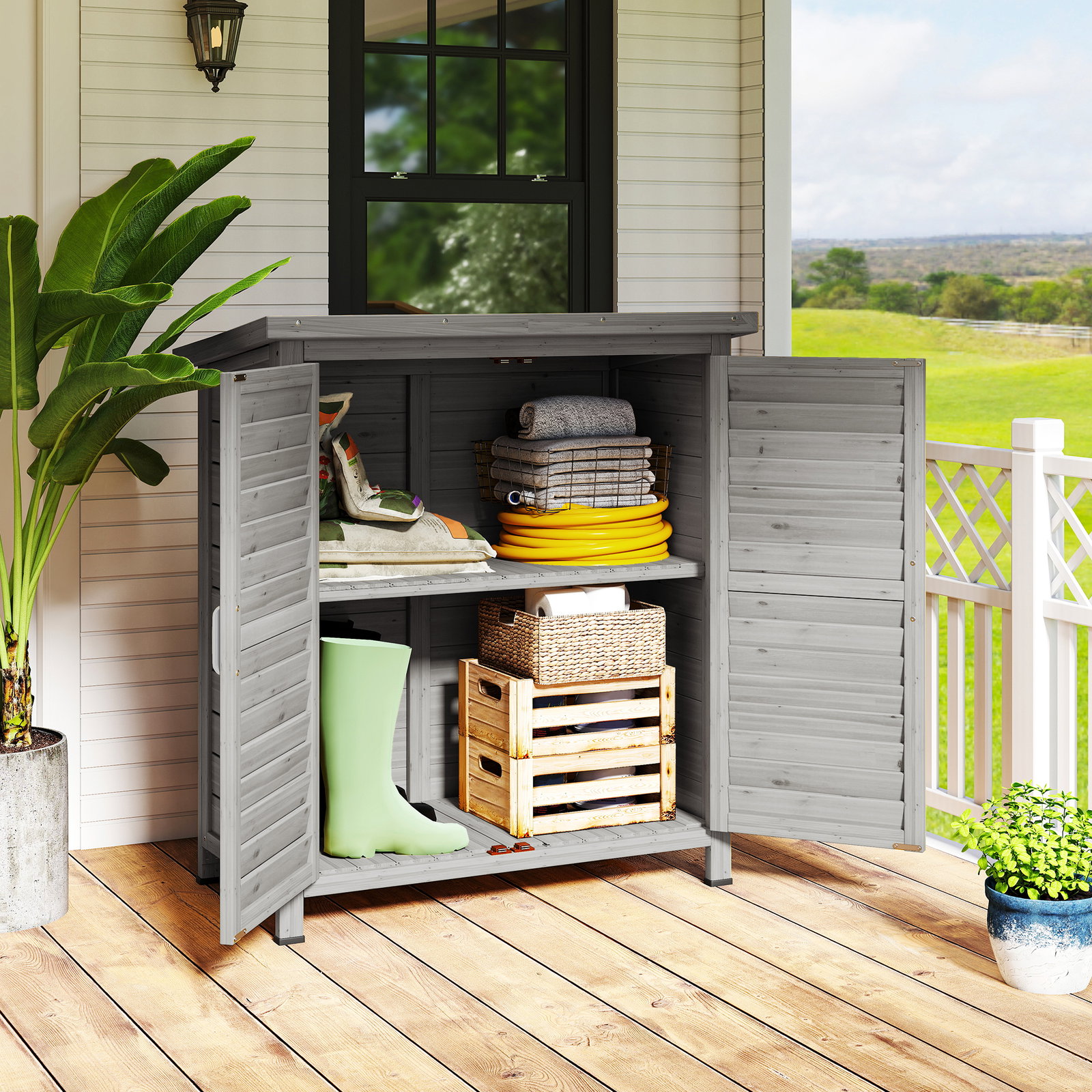 Armário de Armazenamento de Madeira para Jardim com 2 Prateleiras Interiores 2 Portas e Teto Inclinado para Exterior Terraço 87x