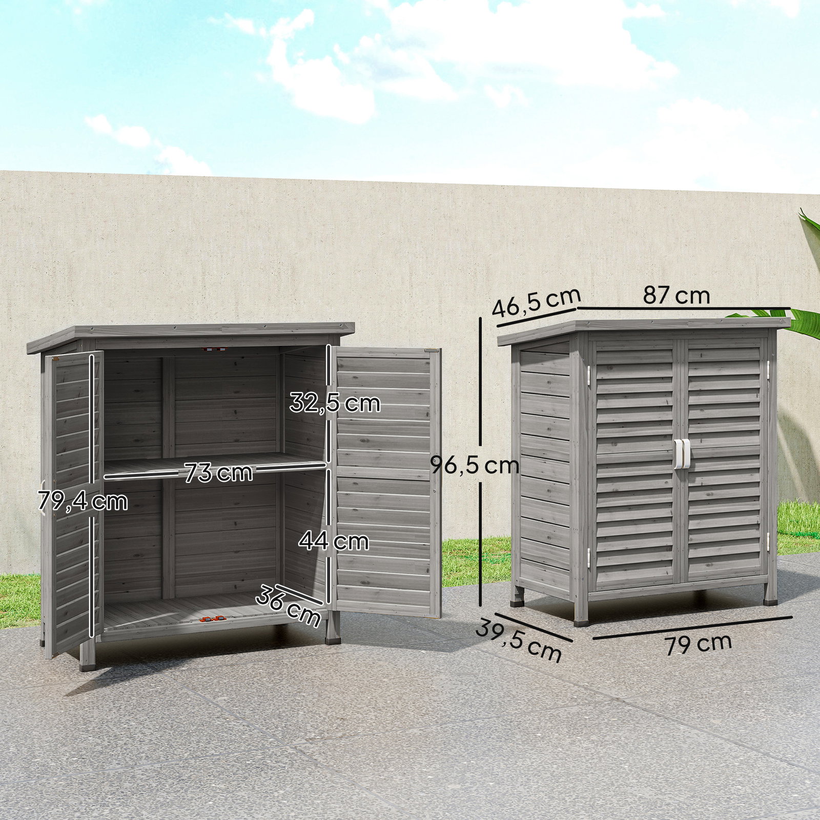 Armário de Armazenamento de Madeira para Jardim com 2 Prateleiras Interiores 2 Portas e Teto Inclinado para Exterior Terraço 87x