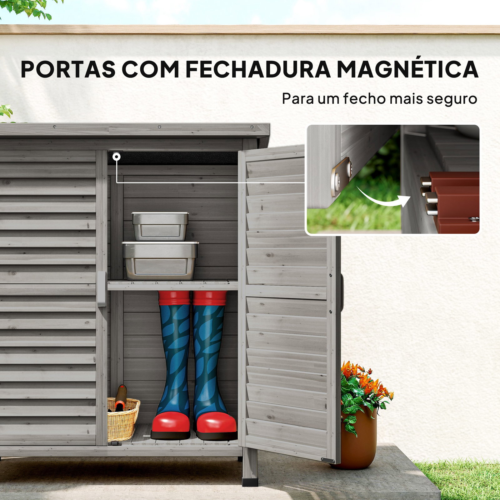 Armário de Armazenamento de Madeira para Jardim com 2 Prateleiras Interiores 2 Portas e Teto Inclinado para Exterior Terraço 87x