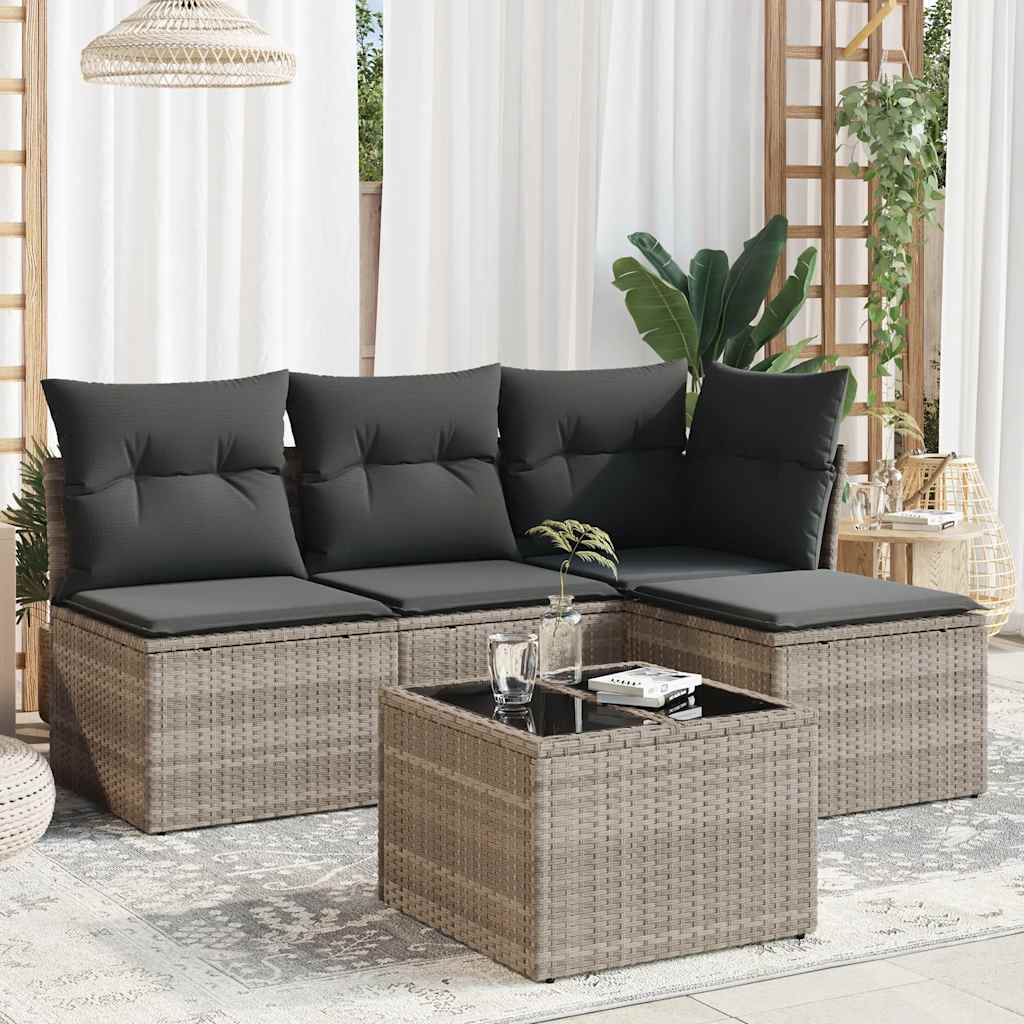 5 Pcs conj. sofás jardim c/ almofadões vime PE cinzento-claro