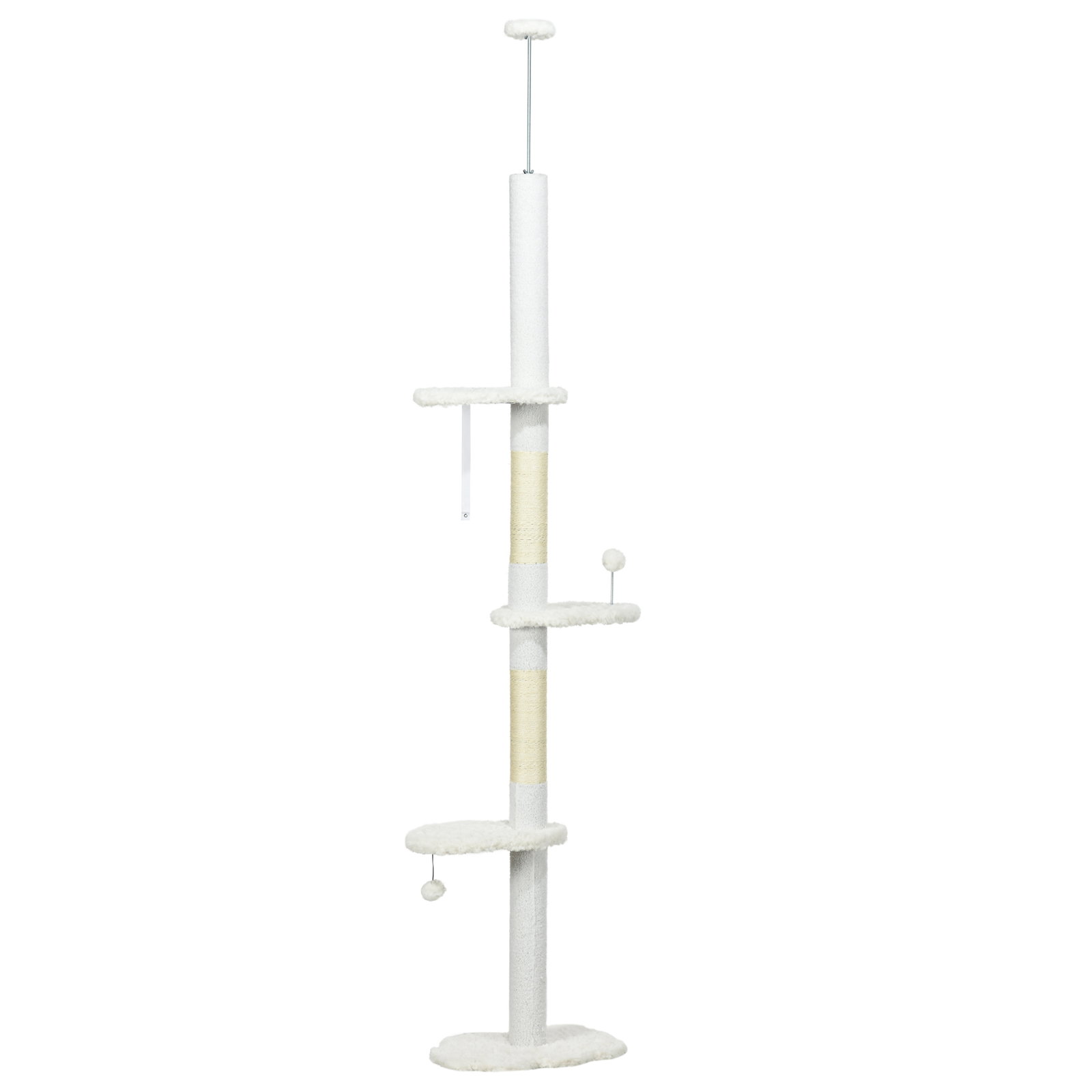 Arranhador para gatos do chão ao teto com altura ajustável e 3 plataformas em forma de nuvem 48x32x225-255 cm branco