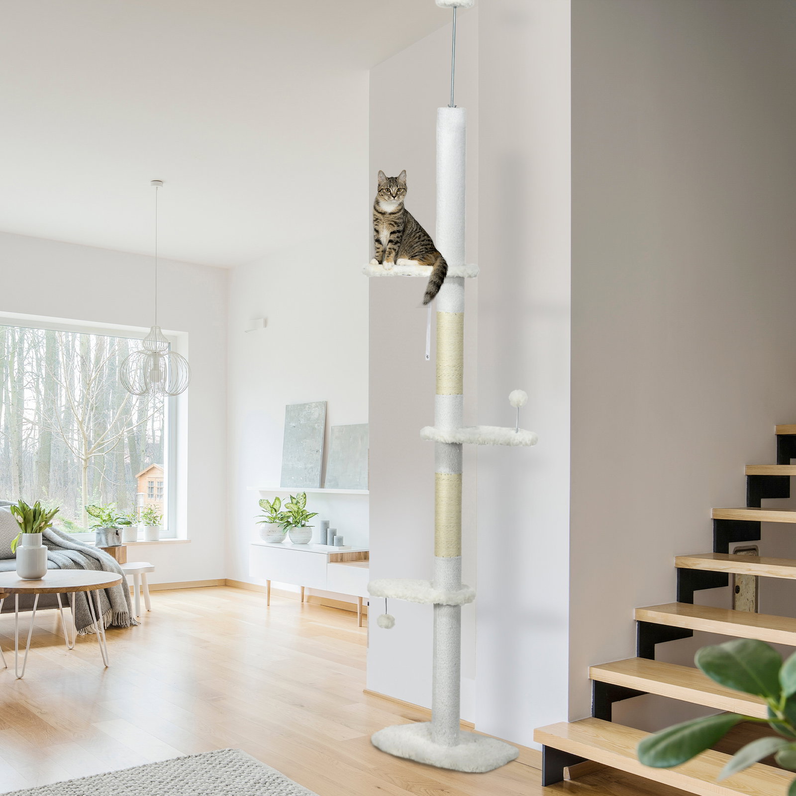 Arranhador para gatos do chão ao teto com altura ajustável e 3 plataformas em forma de nuvem 48x32x225-255 cm branco