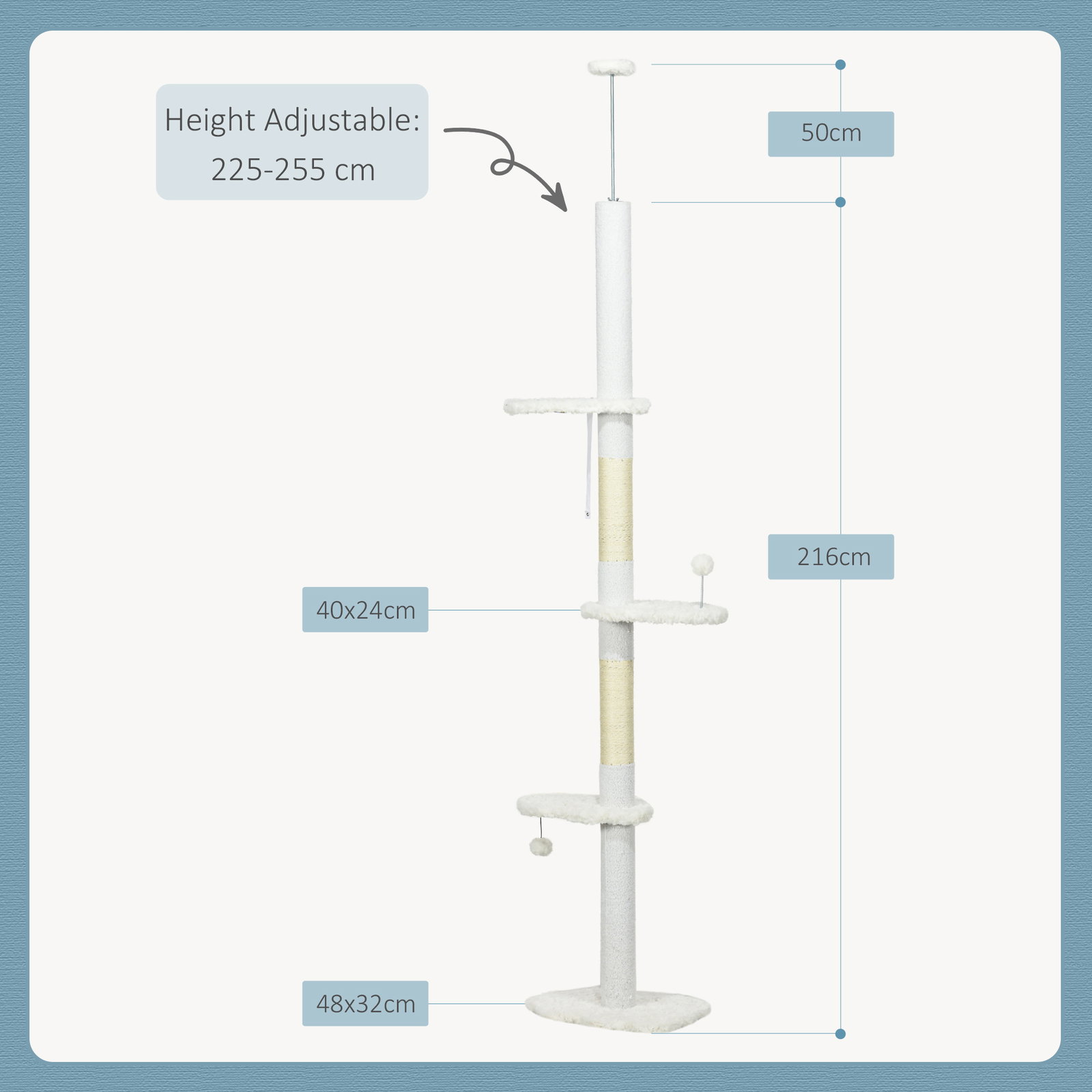 Arranhador para gatos do chão ao teto com altura ajustável e 3 plataformas em forma de nuvem 48x32x225-255 cm branco