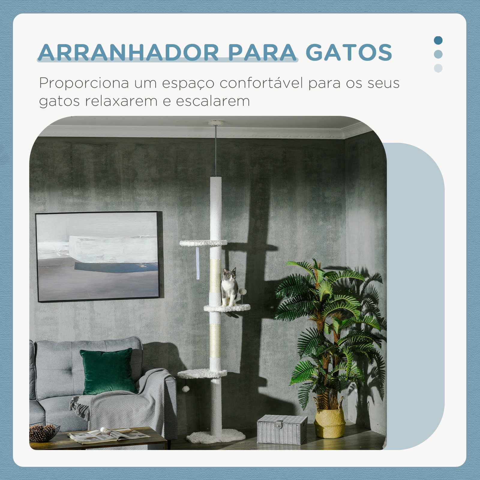 Arranhador para gatos do chão ao teto com altura ajustável e 3 plataformas em forma de nuvem 48x32x225-255 cm branco