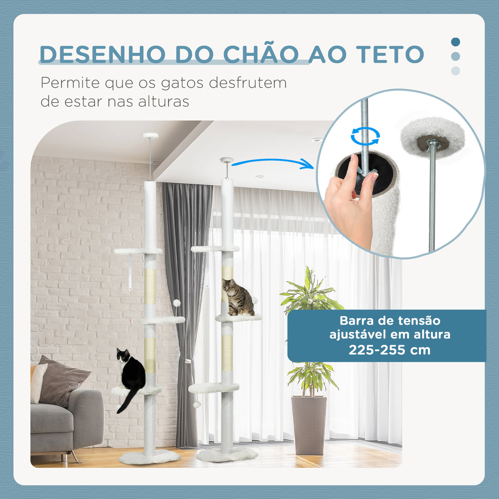 Arranhador para gatos do chão ao teto com altura ajustável e 3 plataformas em forma de nuvem 48x32x225-255 cm branco