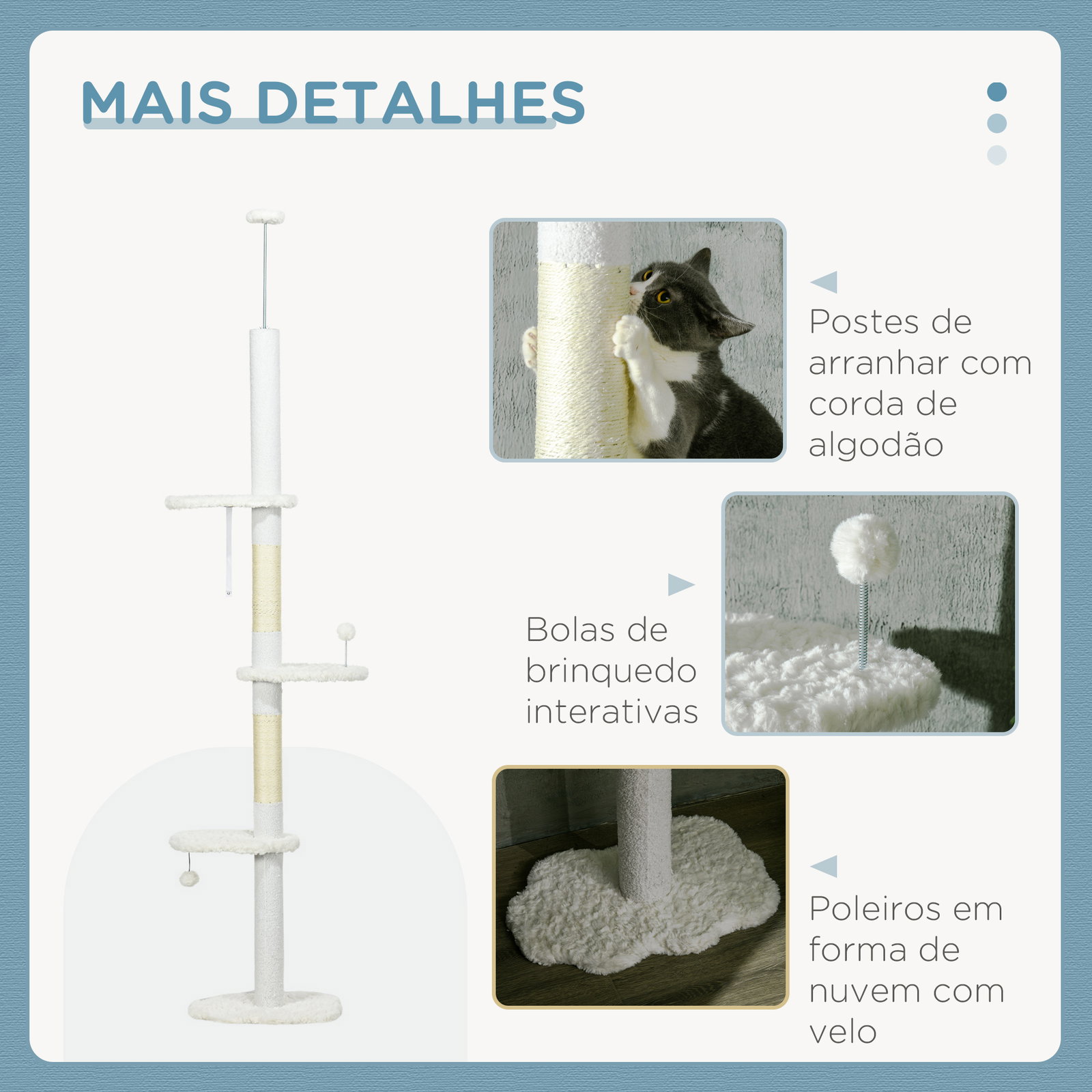 Arranhador para gatos do chão ao teto com altura ajustável e 3 plataformas em forma de nuvem 48x32x225-255 cm branco