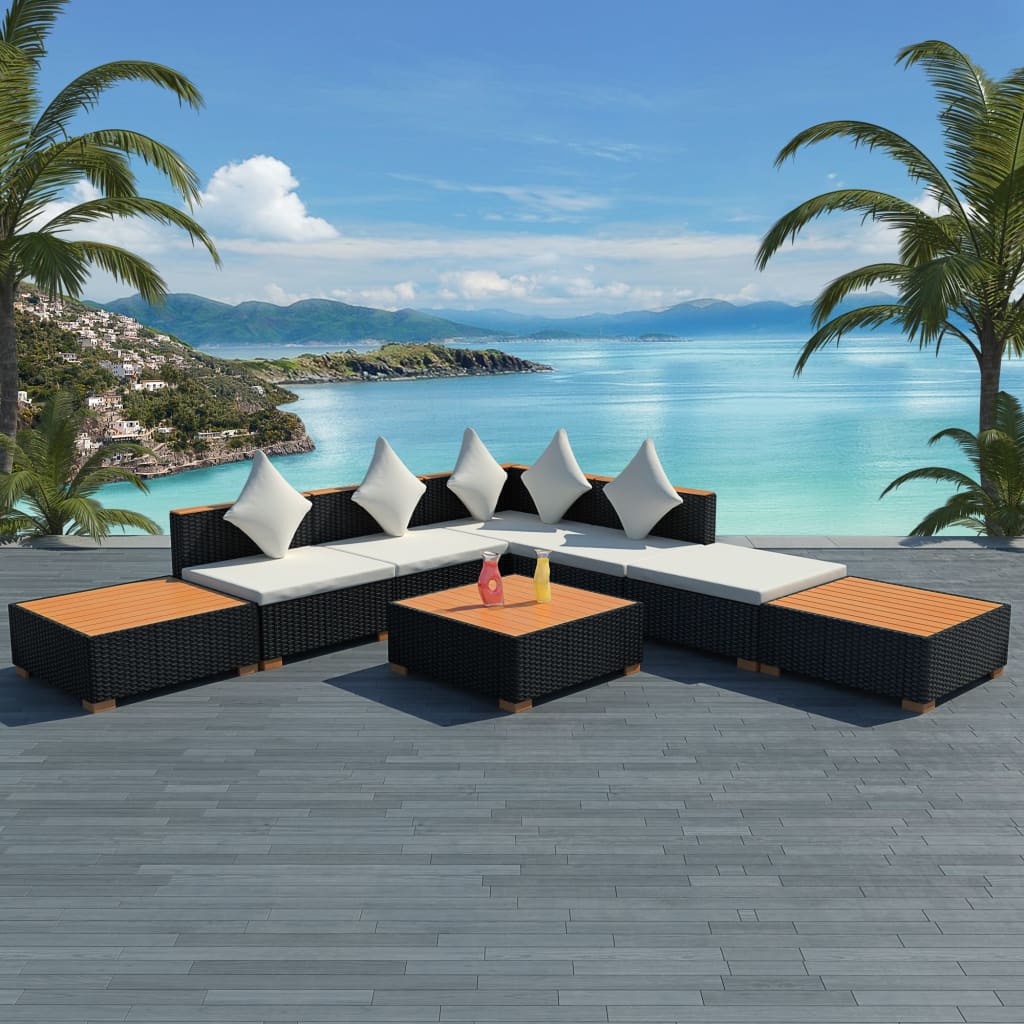 8 Pcs conjunto lounge de jardim c/ almofadões vime PE preto