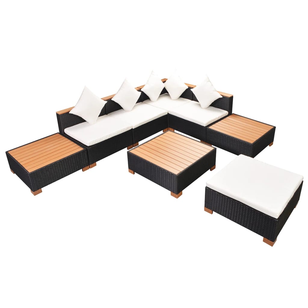 8 Pcs conjunto lounge de jardim c/ almofadões vime PE preto