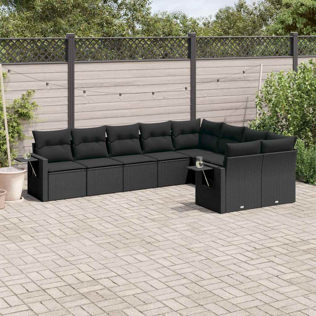 9 Pcs conjunto de sofás p/ jardim c/ almofadões vime PE preto