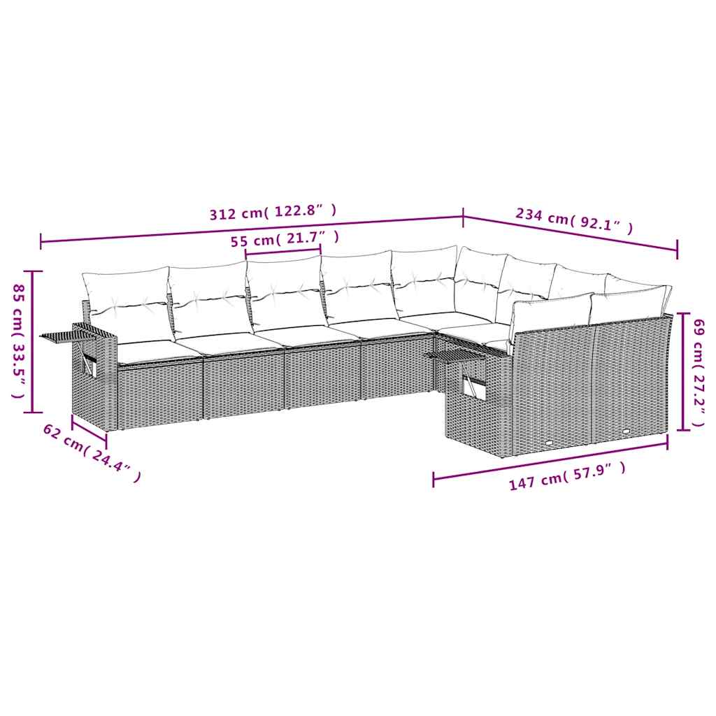 9 Pcs conjunto de sofás p/ jardim c/ almofadões vime PE preto