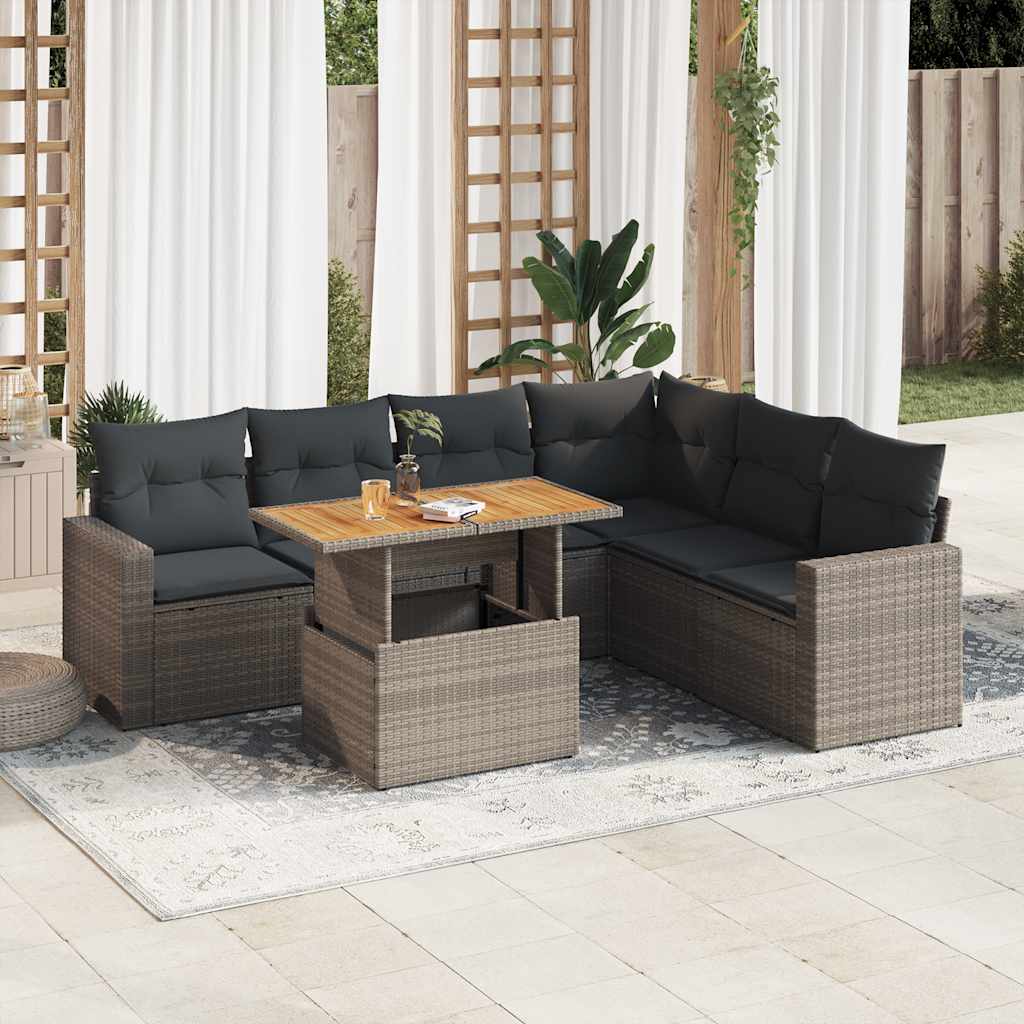 7 Pcs conjunto sofás p/ jardim c/ almofadões vime PE cinzento