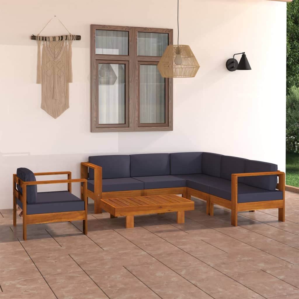 7 Pcs conj. lounge de jardim c/ almofadões cinza-escuro acácia