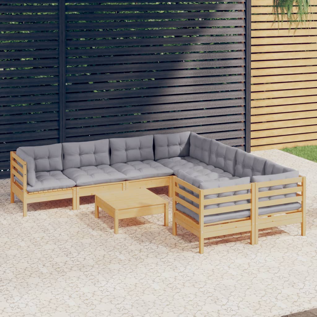 9 Pcs conjunto lounge de jardim c/ almofadões cinzentos pinho