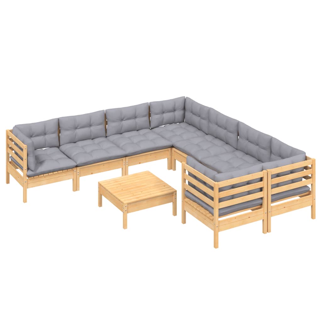 9 Pcs conjunto lounge de jardim c/ almofadões cinzentos pinho