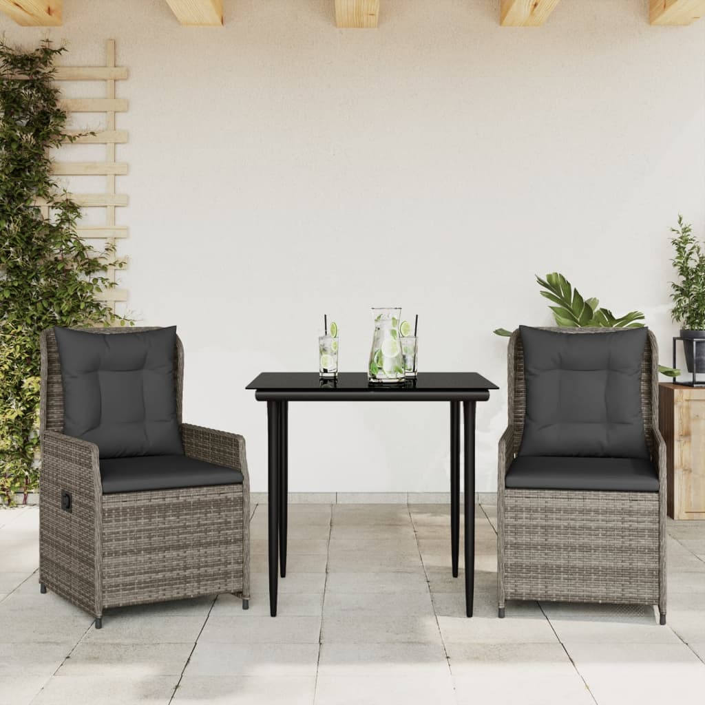 3 Pcs conjunto de jantar p/ jardim c/ almofadões vime PE cinza