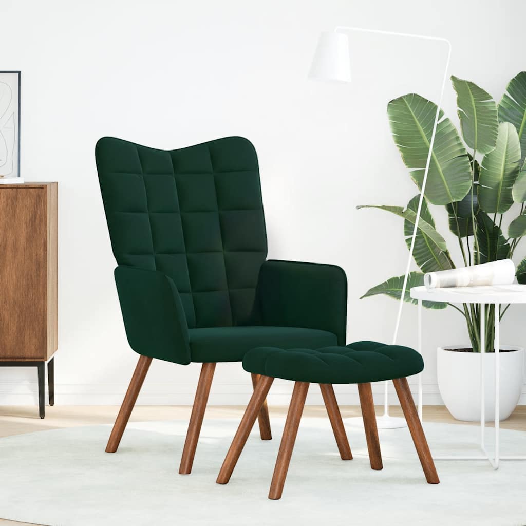 Cadeira relaxante com banco em veludo verde escuro