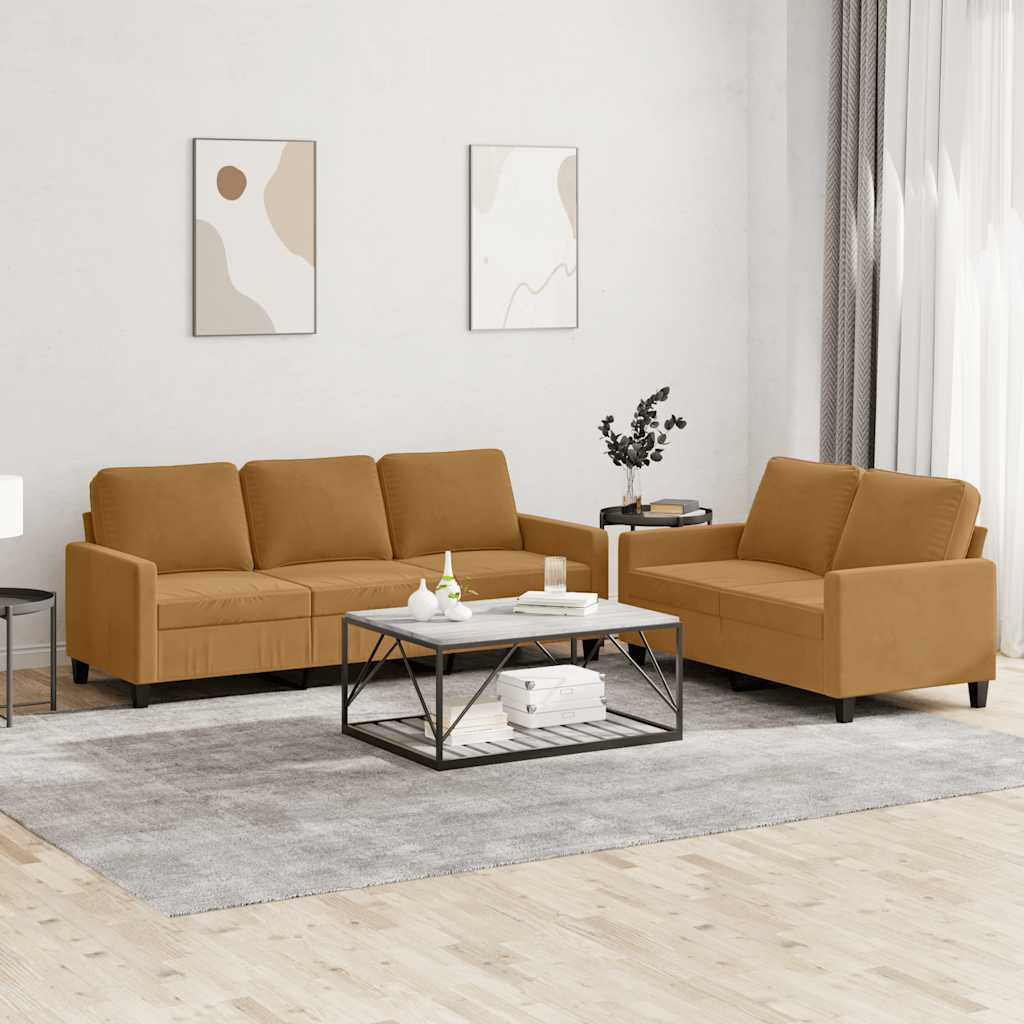 2 Pcs conjunto de sofás com almofadões veludo castanho