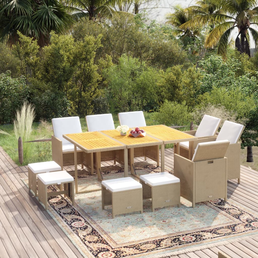 11 Pcs conjunto jantar p/ jardim c/ almofadões vime PE bege