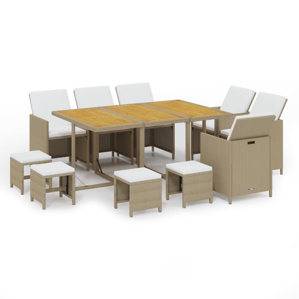 11 Pcs conjunto jantar p/ jardim c/ almofadões vime PE bege