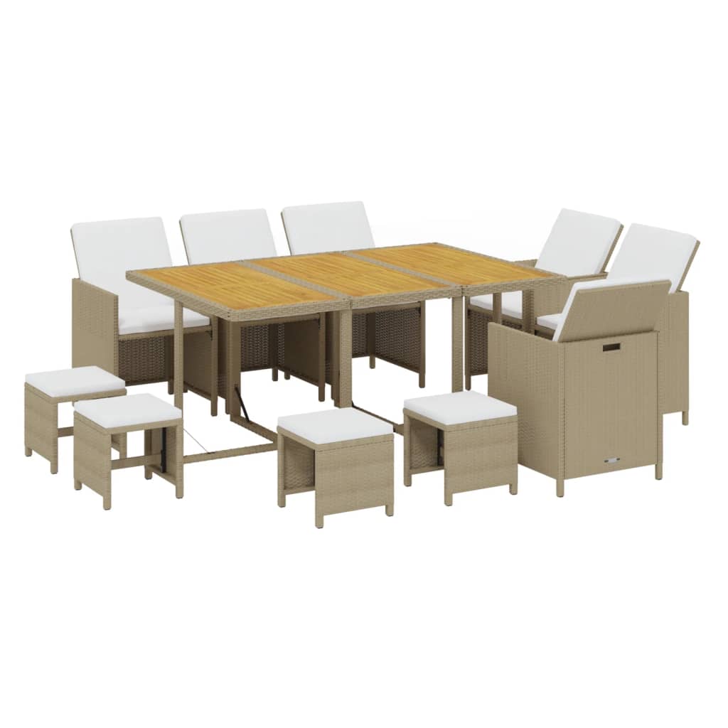 11 Pcs conjunto jantar p/ jardim c/ almofadões vime PE bege