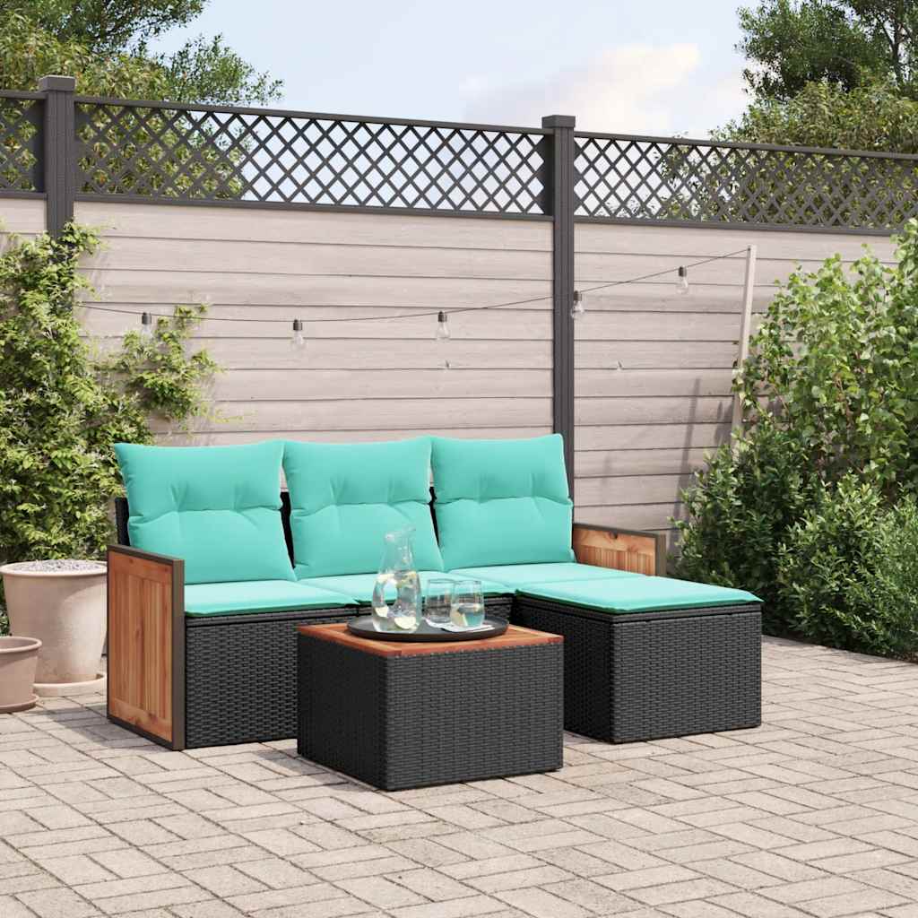 Conjunto de sofá de jardim de 5 peças com almofadas em rattan sintético preto
