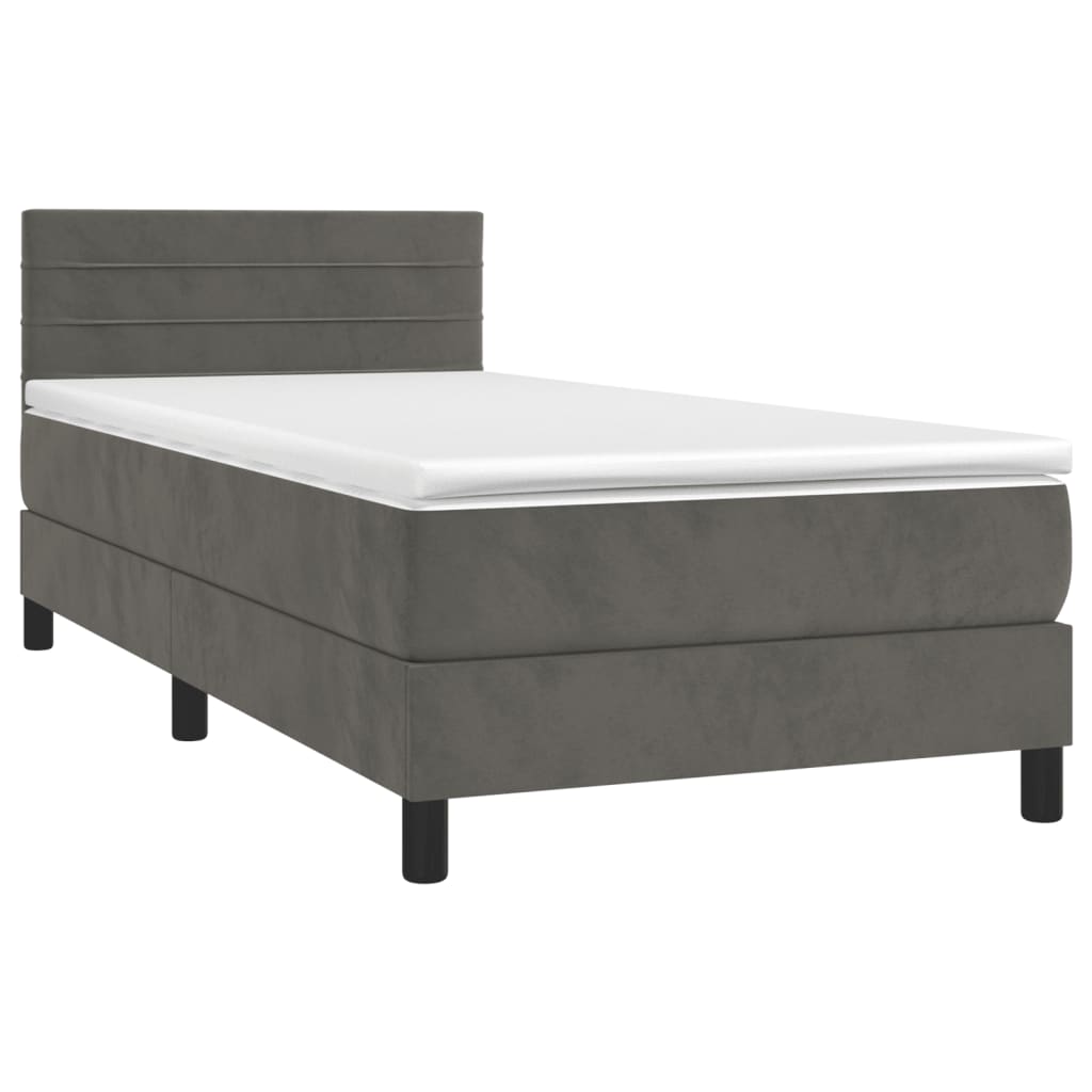 Cama box spring c/ colchão/LED 100x200cm veludo cinzento-escuro