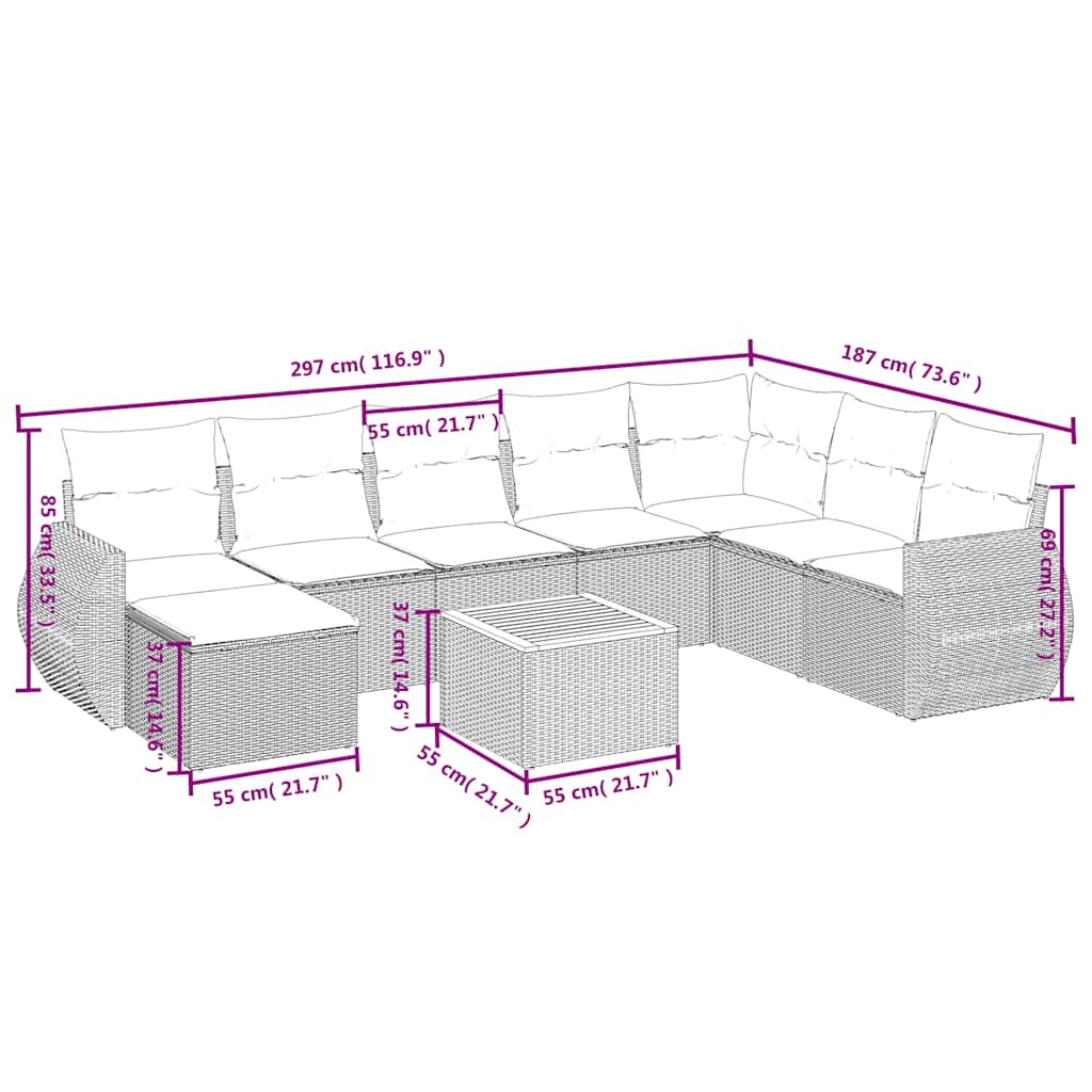 9 Pcs conjunto de sofás p/ jardim c/ almofadões vime PE preto