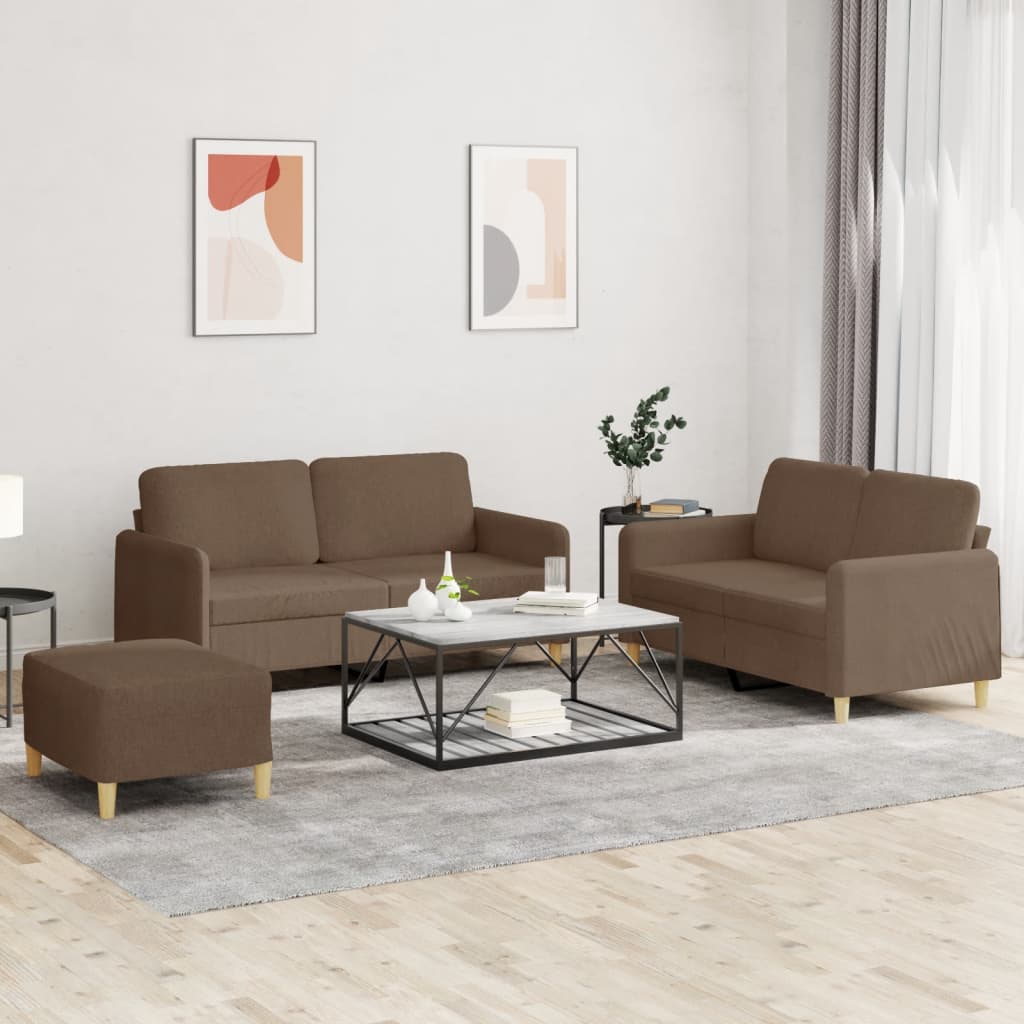 3 Pcs conjunto de sofás com almofadões tecido castanho