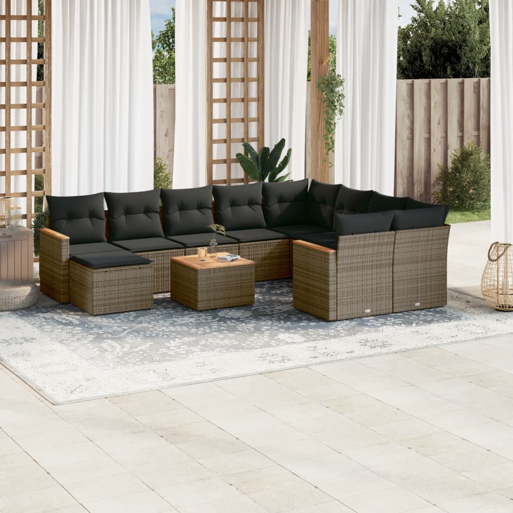 11 Pcs conjunto sofás de jardim c/ almofadões vime PE cinzento