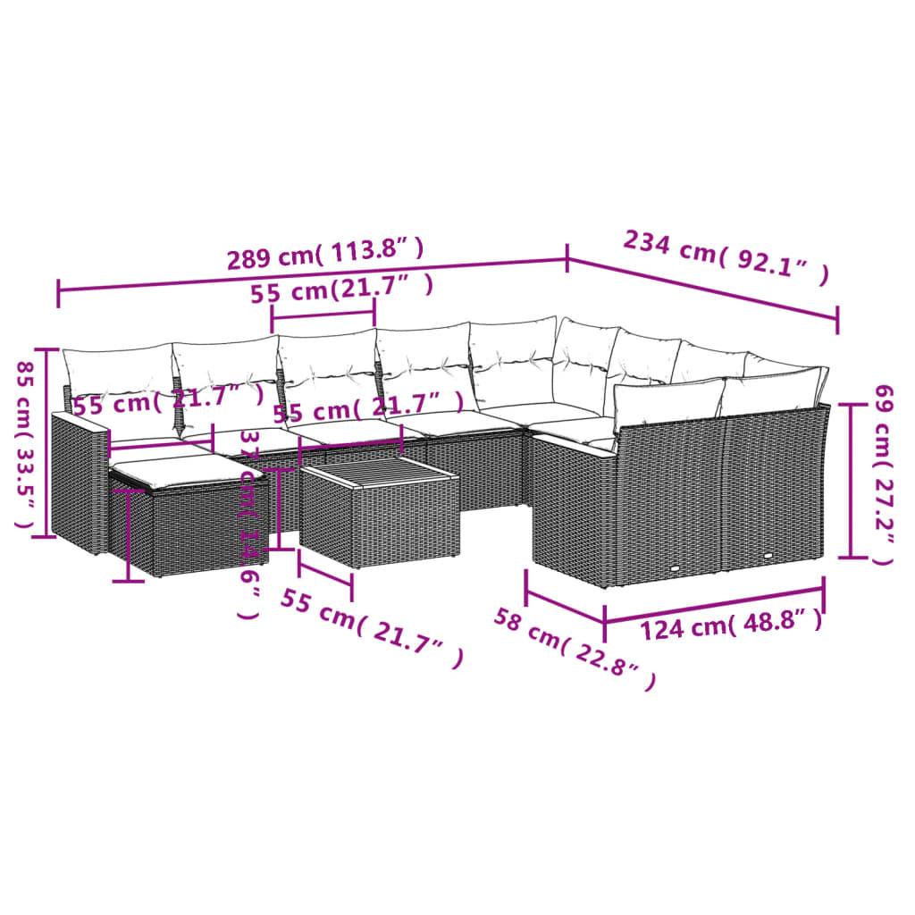 11 Pcs conjunto sofás de jardim c/ almofadões vime PE cinzento